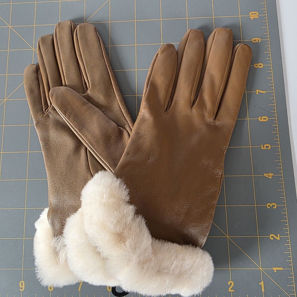 UGG Brown Leather Gloves with Cream Shearling Cuffs